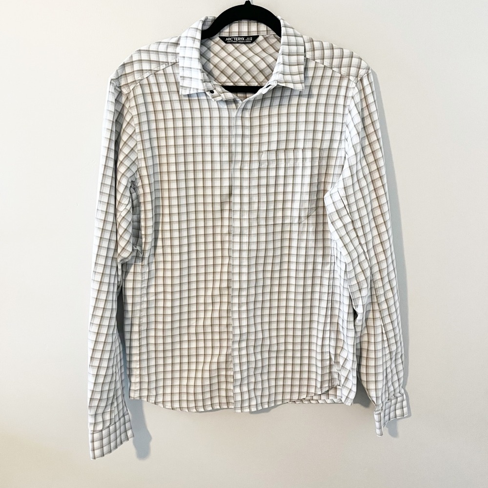 Arcteryx Mens Long Sleeve Plaid snap Button Down Shirt Brown White Size M